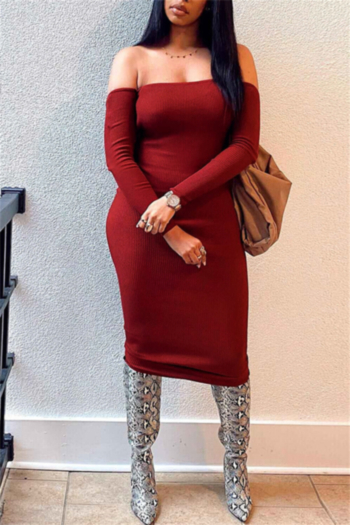 autumn new plus size solid color ribbed fabric stretch off-shoulder stylish midi dress