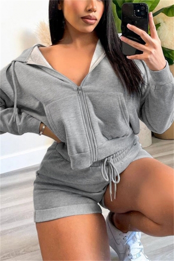 Autumn new solid color micro-elastic hooded zip-up stylish sweatshirt with tie-waist shorts stylish two-piece set