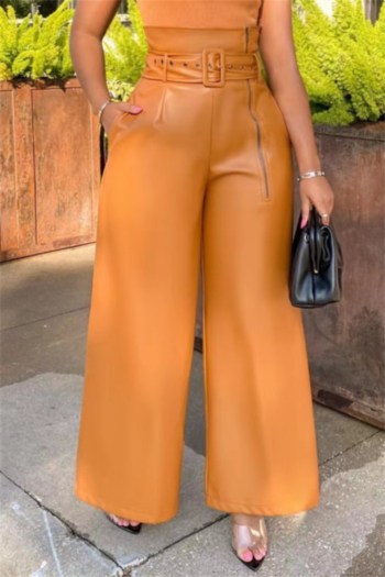autumn new plus size solid color micro-elastic pu high waist zip-up wide-leg stylish leather trousers with belt (new added color)