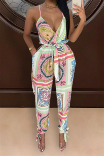 summer new plus size two colors batch printing stretch sling low-cut stylish jumpsuit with belt