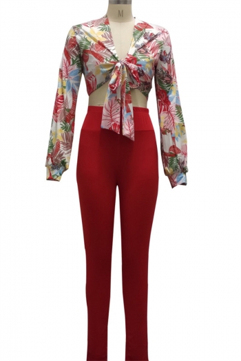 Autumn batch printing top with red tight pants micro elastic lace-up two-piece set