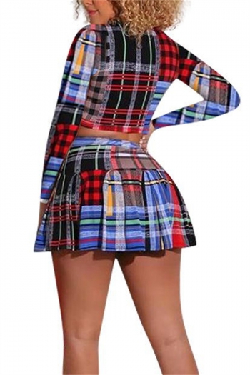 Plus size early autumn zip-up lattice batch printing long sleeve pleated skirt stretch two-piece set