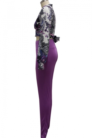 Autumn new stylish batch printing top with purple tight pants micro elastic lace-up two-piece set