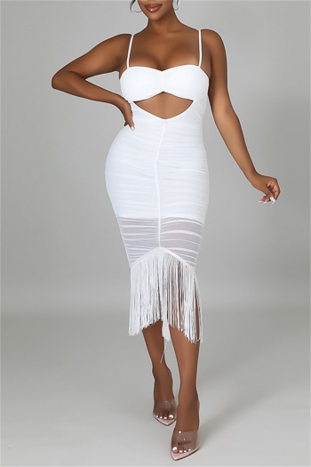 New plus size see through mesh spliced stretch sling hollow tassel zip-up back sexy bodycon midi dress