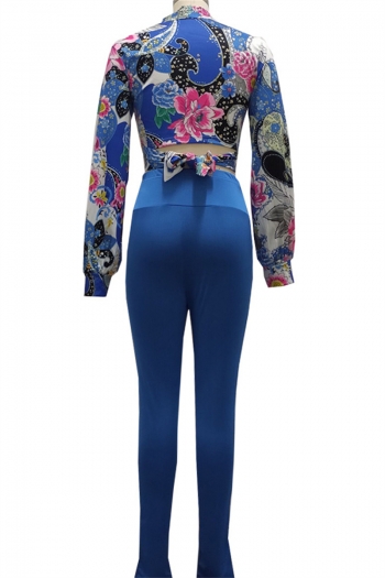 Autumn new stylish batch printing top with blue tight pants micro elastic lace-up two-piece set