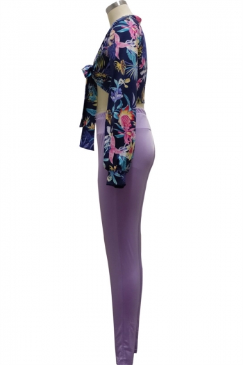 Autumn flowers batch printing top with purple tight pants micro elastic lace-up two-piece set