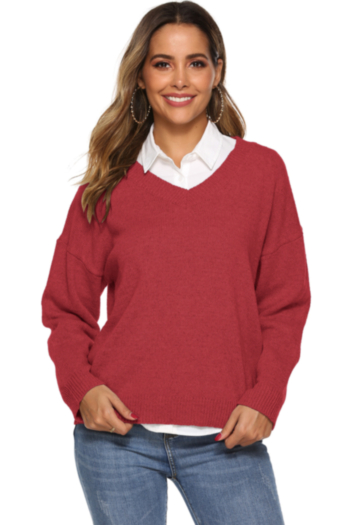 plus size solid color seven colors stretch v-collar loose casual sweater (no lining)