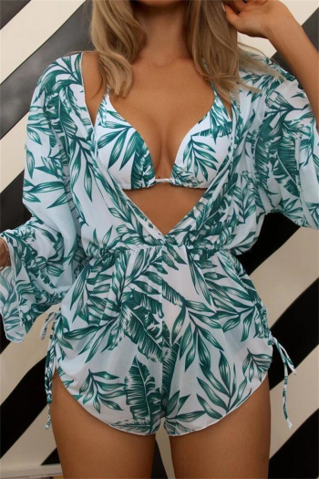 xs-3xl plus size 3 colors leaf batch printing padded sexy 3 piece swimsuits