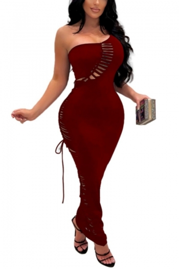 summer new plus size solid color stretch one shoulder cutout lace-up slim sexy maxi dress
