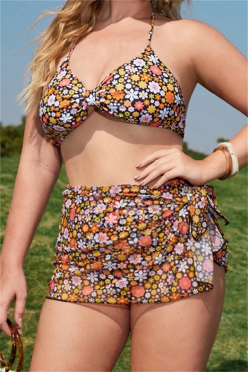 l-4xl plus size padded flower batch printing halter-neck lace-up metal buckle design backless sexy two-piece swimsuit with short skirt
