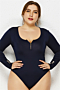 plus size four colors solid color new stylish zip-up button stretch fit soft bodysuit_White_Dark Blue