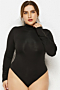 plus size new stylish solid color high neck stretch fit zip-up sleeve soft bodysuit_Black