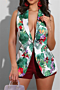 plus size plant batch printing new stylish sleeveless suit collar stretch sexy top_White_Green