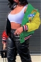 plus size 3 colors single breasted contrast color letter fashion casual jacket_Yellow_Green