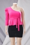plus size solid one shoulder belted sexy top with belt (new added colors)_Black_Yellow_White_Orange_Sky Blue_Magenta