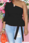 plus size solid one shoulder belted sexy top with belt (new added colors)_Black