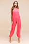 fashion sexy temperament solid color chiffon sling one-shoulder wide-leg jumpsuit_Pink