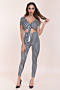 plus size sexy stylish stretch 5 colors streak printed v-neck hollow slim jumpsuit_Black