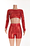 new solid color stretch see through mesh sequins splice stylish front two-piece set_Beige_Yellow_Blue_Red
