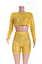 new solid color stretch see through mesh sequins splice stylish front two-piece set_Beige_Yellow
