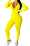 autumn new plus size solid color stretch zip-up pocket hoodie with leggings sport two-piece set_Light Green_Yellow