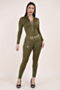 new plus size solid color stretch round-neck zip-up stylish slim jumpsuit (without belt)_Brown