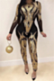 new plus size sequins decorated stretch round-neck sexy tight transparent jumpsuit_Gold