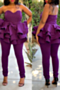 new stylish strapless cascading ruffle tight stretch two-piece set(with belt)_Purple