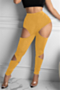 plus size solid color stretch high waist hollow stylish slim leggings_Yellow