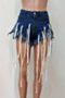 plus size three colors micro-elastic eyelets tassels stylish personality denim shorts_Black_Dark Blue