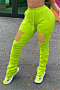 plus size new stylish solid color hole lace-up pocket pleated casual pants_Black_Light Green