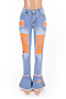 plus size new stylish contrast color holes pockets inelastic casual flare jeans_Sky Blue_Yellow_Orange