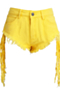 plus size solid color pockets summer spliced tassel inelastic denim shorts_Sky Blue_Dark Blue_Yellow