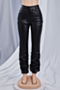 plus size 3 colors solid color pu leather micro elastic pleated casual pants_Black