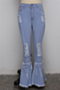 plus size 3 colors solid color autumn holes button zip-up tight casual flare jeans_Sky Blue