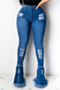 plus size 3 colors solid color autumn holes button zip-up tight casual flare jeans_Sky Blue_Blue