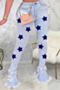 fashion plus size five-pointed stars batch print ruffled ripped jeans_White_Red_Dark Blue