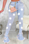 fashion plus size five-pointed stars batch print ruffled ripped jeans_White