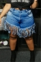 four colors plus size summer spliced tassel zip-up fashion straight shorts_Black_Sky Blue_Dark Blue