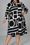 l-5xl autumn new batch printing inelastic irregular hem stylish casual midi shirtdress_Black