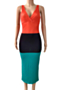 plus size contrast color spliced stretch v-neck backless zip-up back sexy midi dress_Red