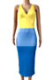 plus size contrast color spliced stretch v-neck backless zip-up back sexy midi dress_Red_Yellow