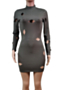 autumn plus size new stylish solid color holes 4 colors half high collar long sleeve high elastic mini dress_Black_Magenta_Orange_Dark Gray