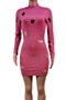 autumn plus size new stylish solid color holes 4 colors half high collar long sleeve high elastic mini dress_Black_Magenta