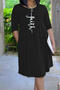 three-quarter sleeve letter printing plus size new stylish stretch simple midi dress_Black
