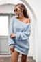 winter new solid color knitted stretch boat-neck lantern-sleeve stylish casual sweater mini dress_White_Sky Blue