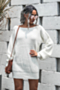 winter new solid color knitted stretch boat-neck lantern-sleeve stylish casual sweater mini dress_White