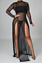 plus size early autumn half high collar mesh see through high slit elastic maxi dress (without lining)_Black