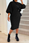 autumn plus size pure color new style round neck loose fashion stretch simple casual midi dress_Black