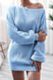 autumn solid color new stylish 3 colors simple loose knitted stretch sweater mini dress_White_Sky Blue